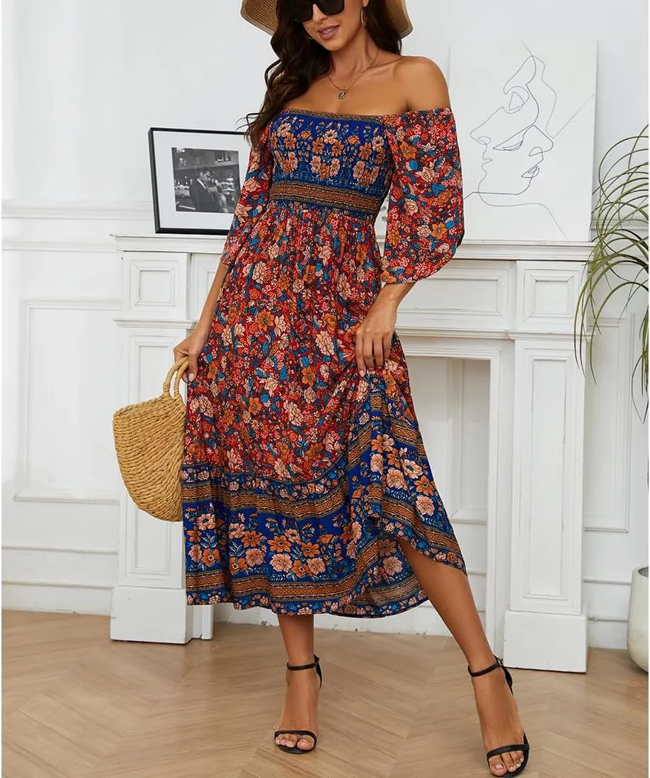 Women's Long Maxi Dress Sexy Off Shoulder Floral Dress Ruffle Short Sleeve Smocked Flowy A Line Boho Dress