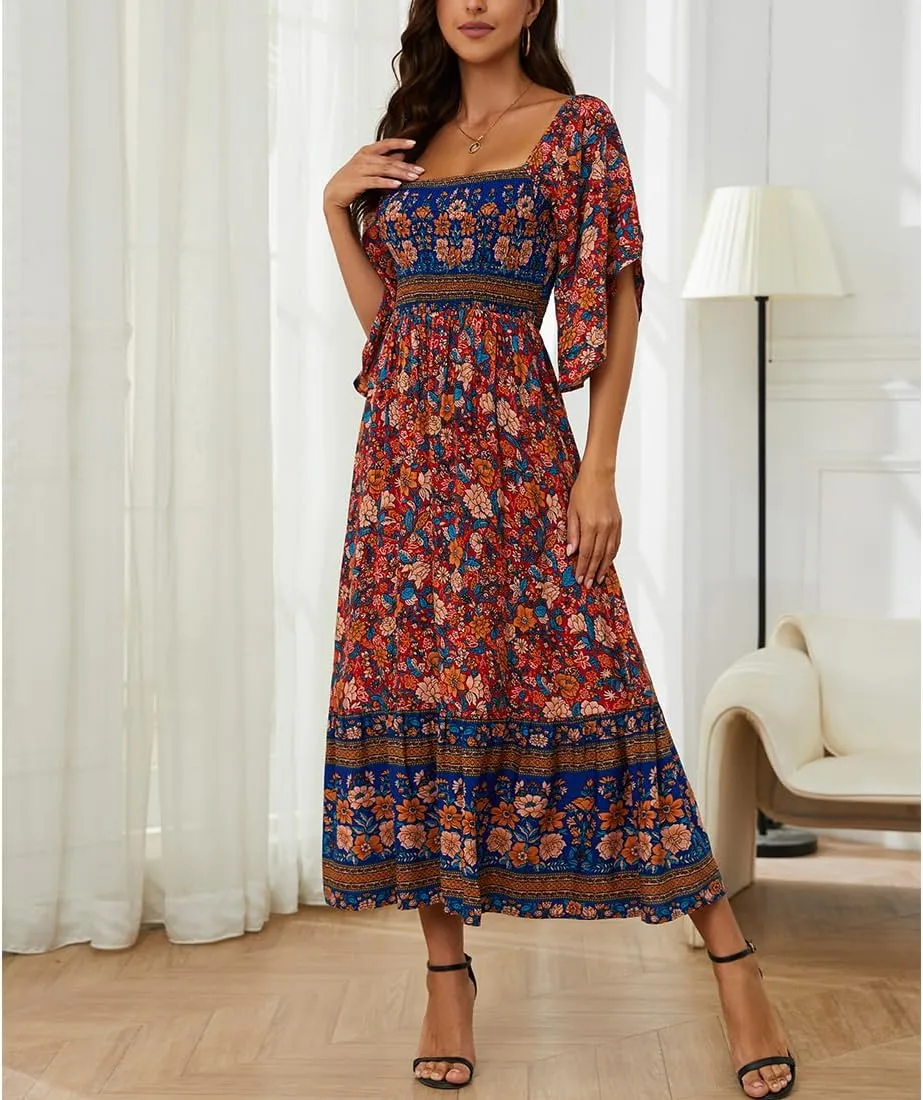 Women's Long Maxi Dress Sexy Off Shoulder Floral Dress Ruffle Short Sleeve Smocked Flowy A Line Boho Dress