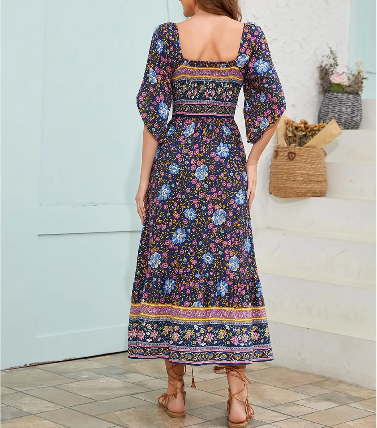 Women's Long Maxi Dress Sexy Off Shoulder Floral Dress Ruffle Short Sleeve Smocked Flowy A Line Boho Dress