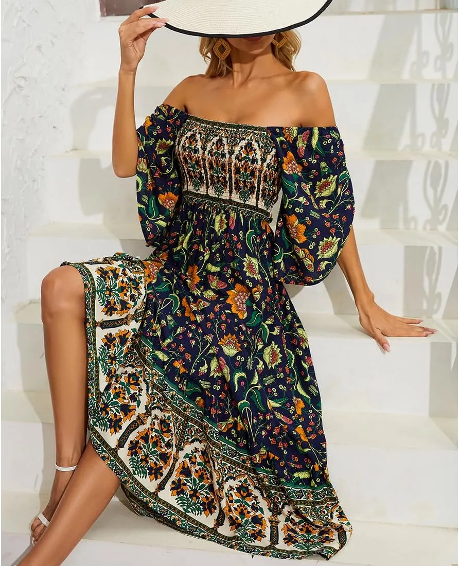 Women's Long Maxi Dress Sexy Off Shoulder Floral Dress Ruffle Short Sleeve Smocked Flowy A Line Boho Dress