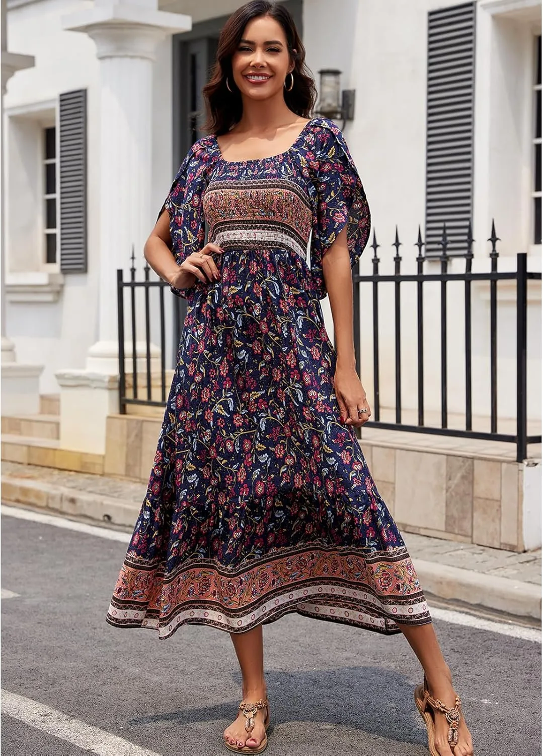 Women's Long Maxi Dress Sexy Off Shoulder Floral Dress Ruffle Short Sleeve Smocked Flowy A Line Boho Dress