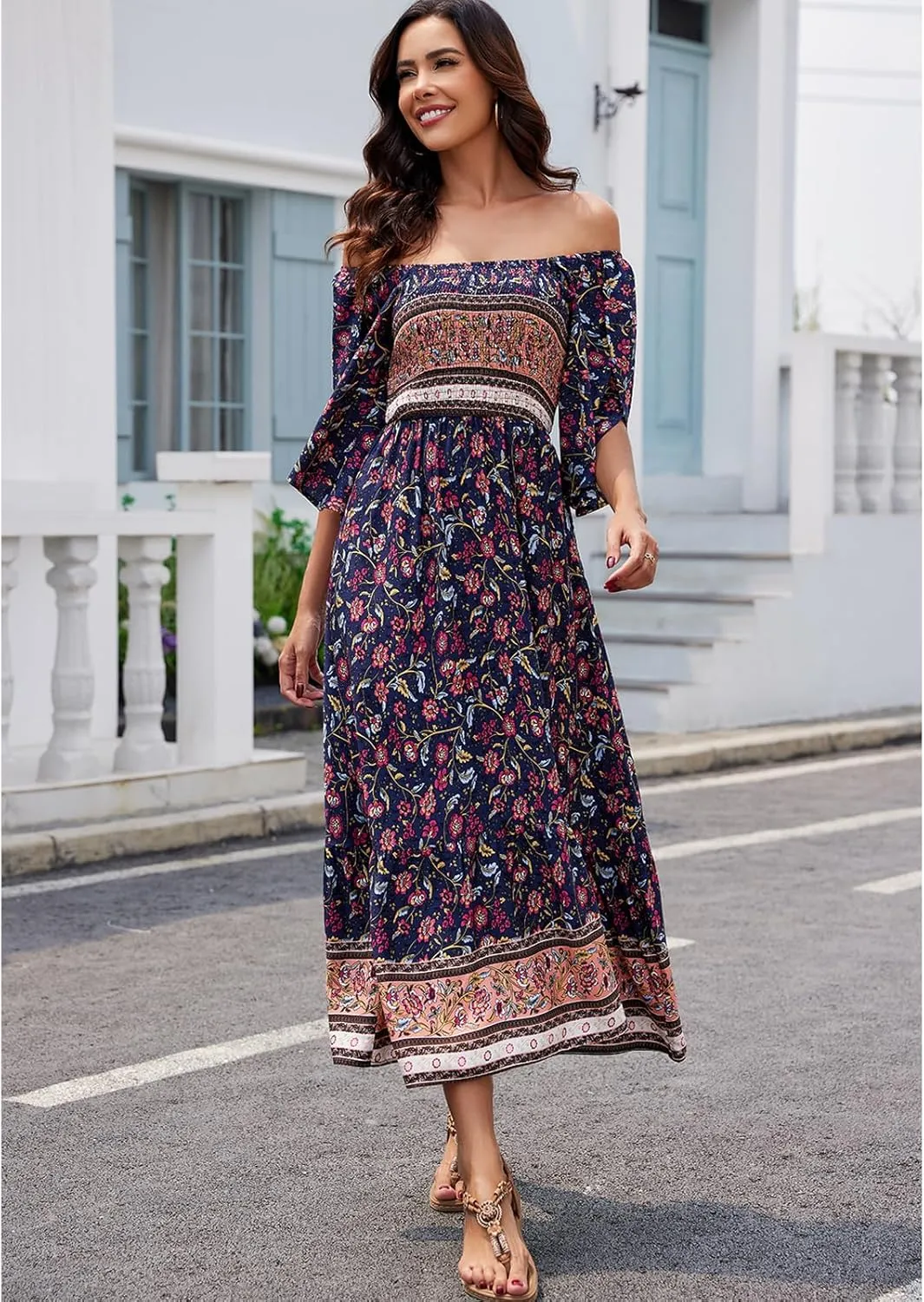 Women's Long Maxi Dress Sexy Off Shoulder Floral Dress Ruffle Short Sleeve Smocked Flowy A Line Boho Dress