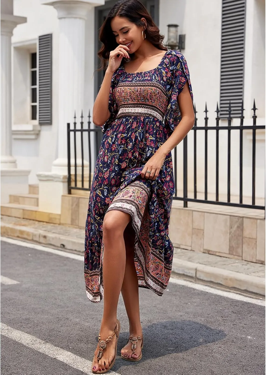 Women's Long Maxi Dress Sexy Off Shoulder Floral Dress Ruffle Short Sleeve Smocked Flowy A Line Boho Dress