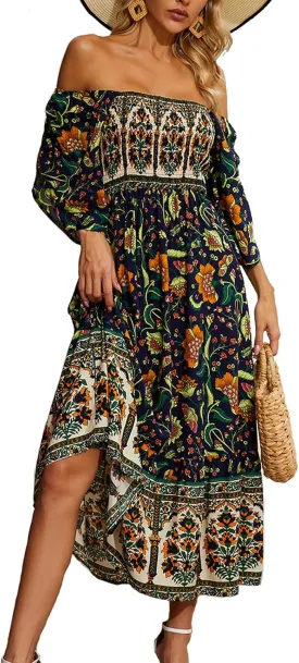 Women's Long Maxi Dress Sexy Off Shoulder Floral Dress Ruffle Short Sleeve Smocked Flowy A Line Boho Dress