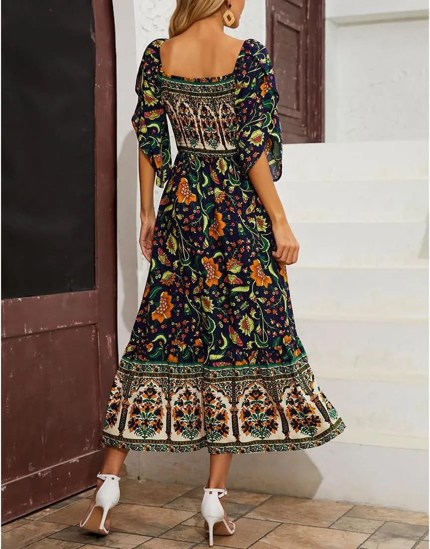 Women's Long Maxi Dress Sexy Off Shoulder Floral Dress Ruffle Short Sleeve Smocked Flowy A Line Boho Dress