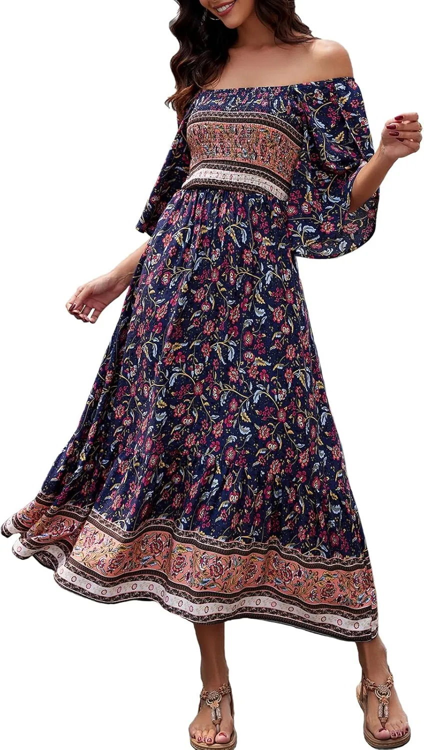 Women's Long Maxi Dress Sexy Off Shoulder Floral Dress Ruffle Short Sleeve Smocked Flowy A Line Boho Dress