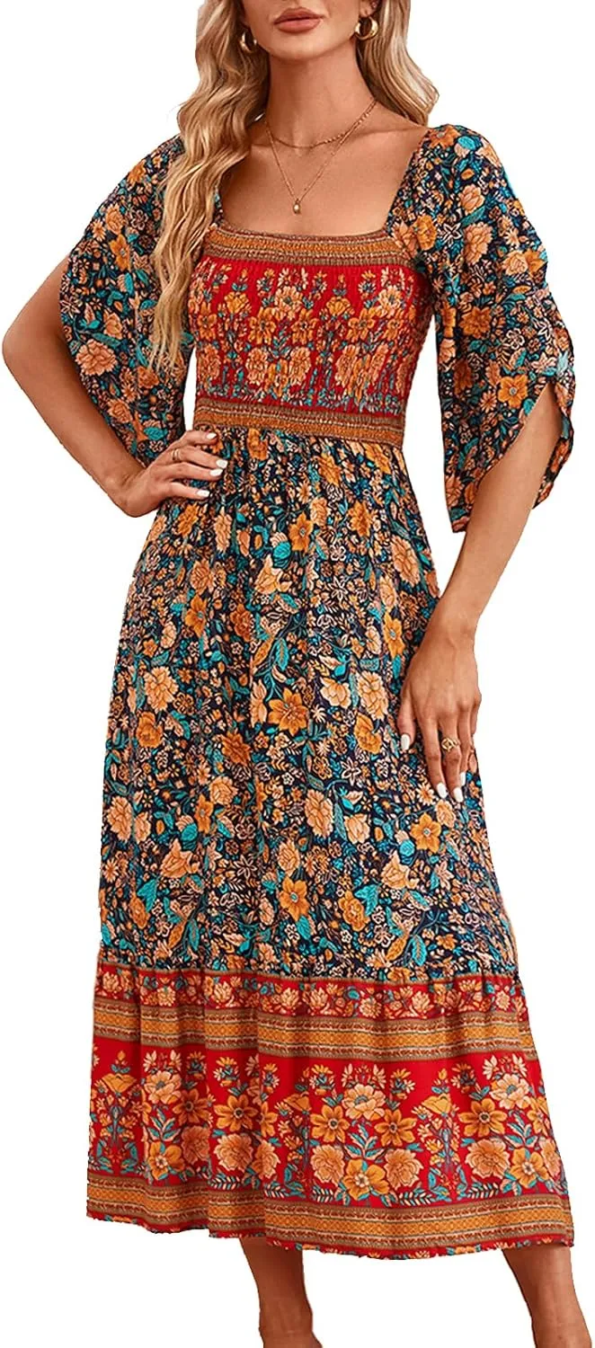 Women's Long Maxi Dress Sexy Off Shoulder Floral Dress Ruffle Short Sleeve Smocked Flowy A Line Boho Dress