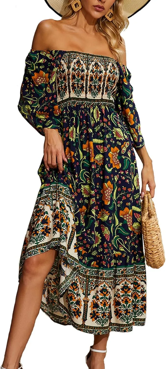 Women's Long Maxi Dress Sexy Off Shoulder Floral Dress Ruffle Short Sleeve Smocked Flowy A Line Boho Dress