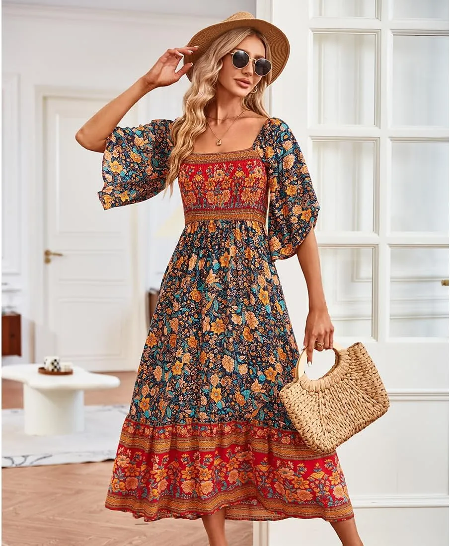 Women's Long Maxi Dress Sexy Off Shoulder Floral Dress Ruffle Short Sleeve Smocked Flowy A Line Boho Dress