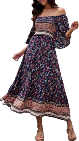 Women's Long Maxi Dress Sexy Off Shoulder Floral Dress Ruffle Short Sleeve Smocked Flowy A Line Boho Dress