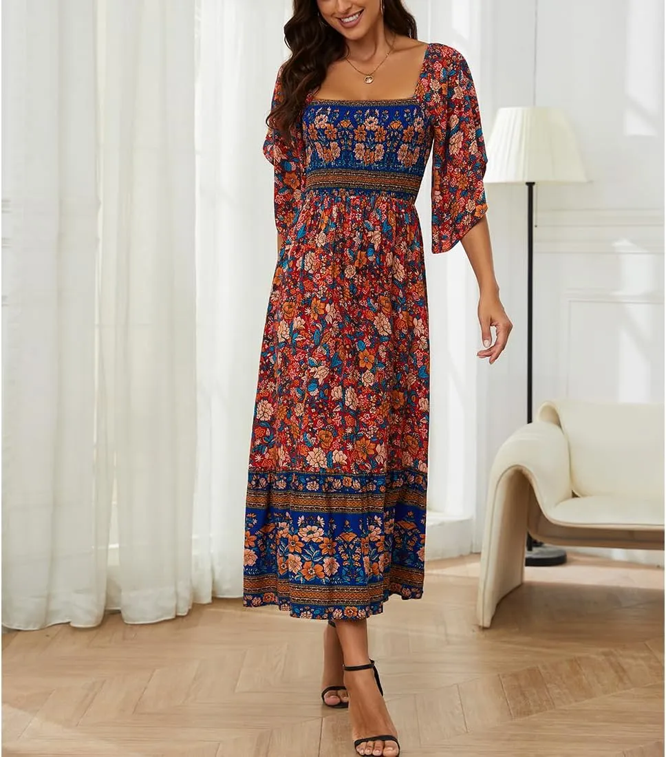 Women's Long Maxi Dress Sexy Off Shoulder Floral Dress Ruffle Short Sleeve Smocked Flowy A Line Boho Dress