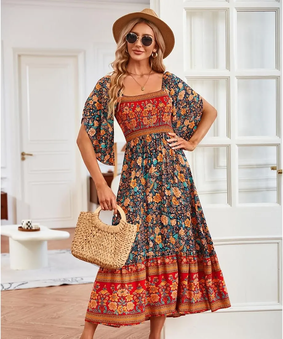 Women's Long Maxi Dress Sexy Off Shoulder Floral Dress Ruffle Short Sleeve Smocked Flowy A Line Boho Dress