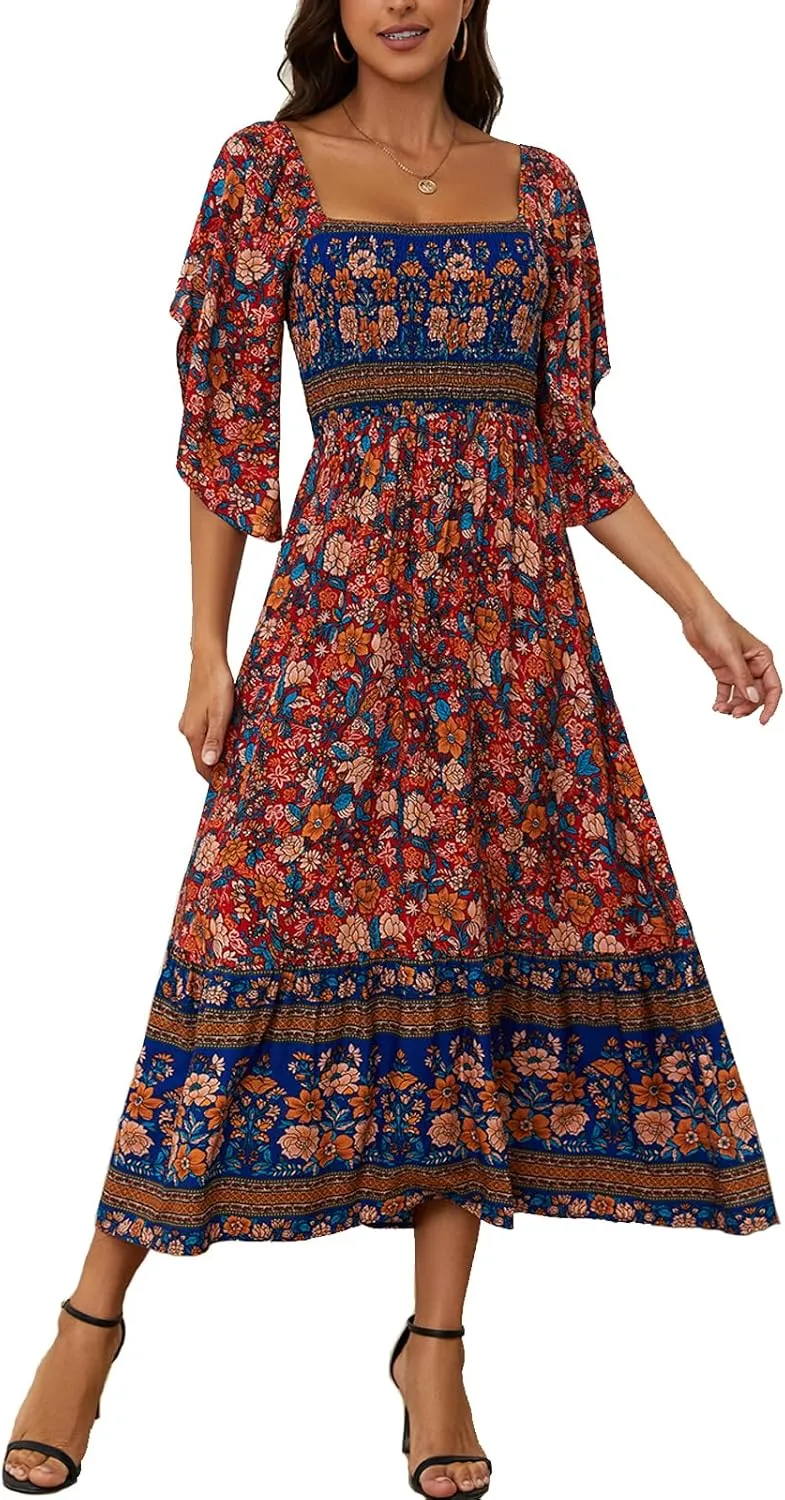 Women's Long Maxi Dress Sexy Off Shoulder Floral Dress Ruffle Short Sleeve Smocked Flowy A Line Boho Dress