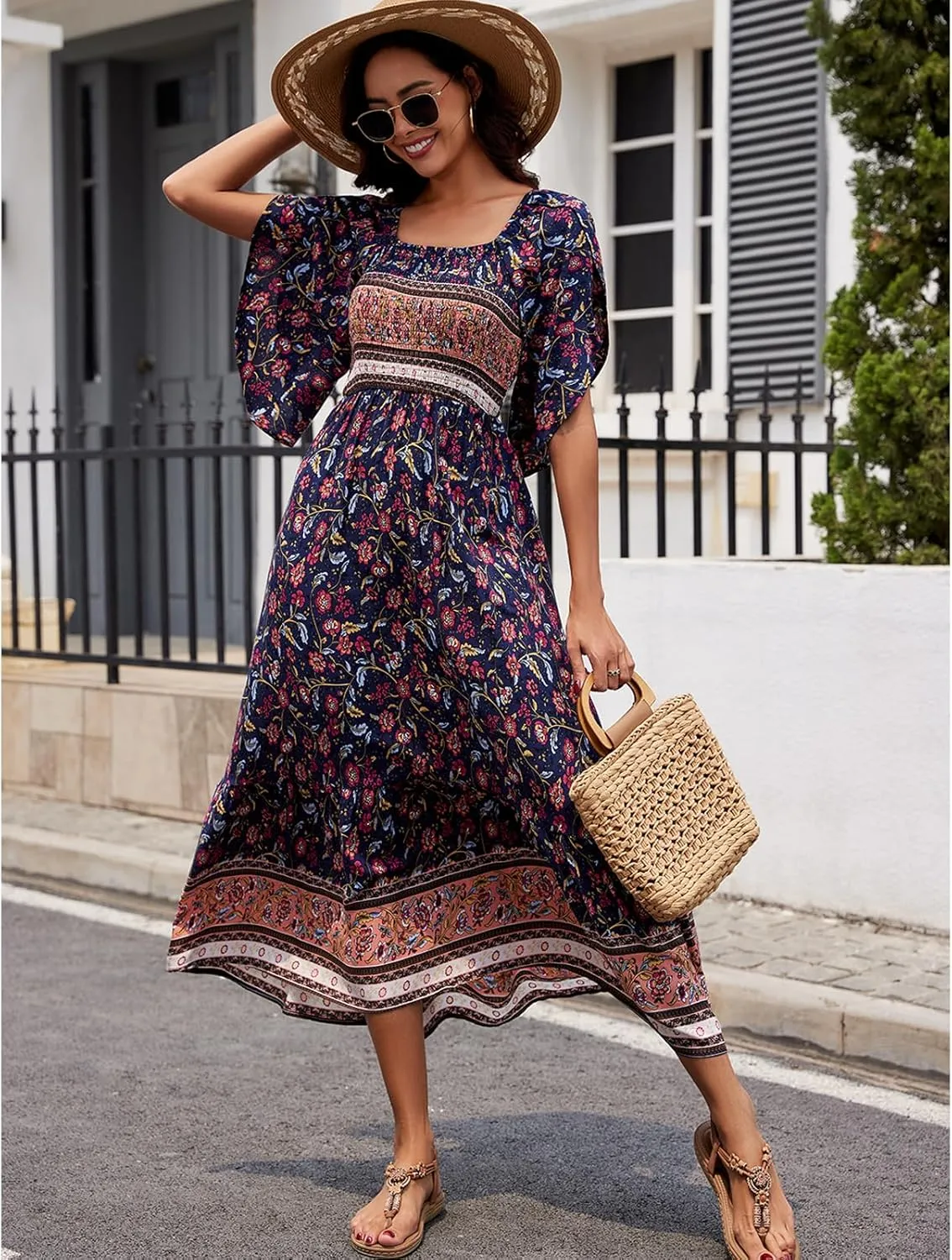 Women's Long Maxi Dress Sexy Off Shoulder Floral Dress Ruffle Short Sleeve Smocked Flowy A Line Boho Dress