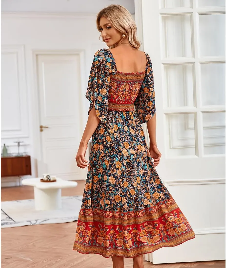 Women's Long Maxi Dress Sexy Off Shoulder Floral Dress Ruffle Short Sleeve Smocked Flowy A Line Boho Dress
