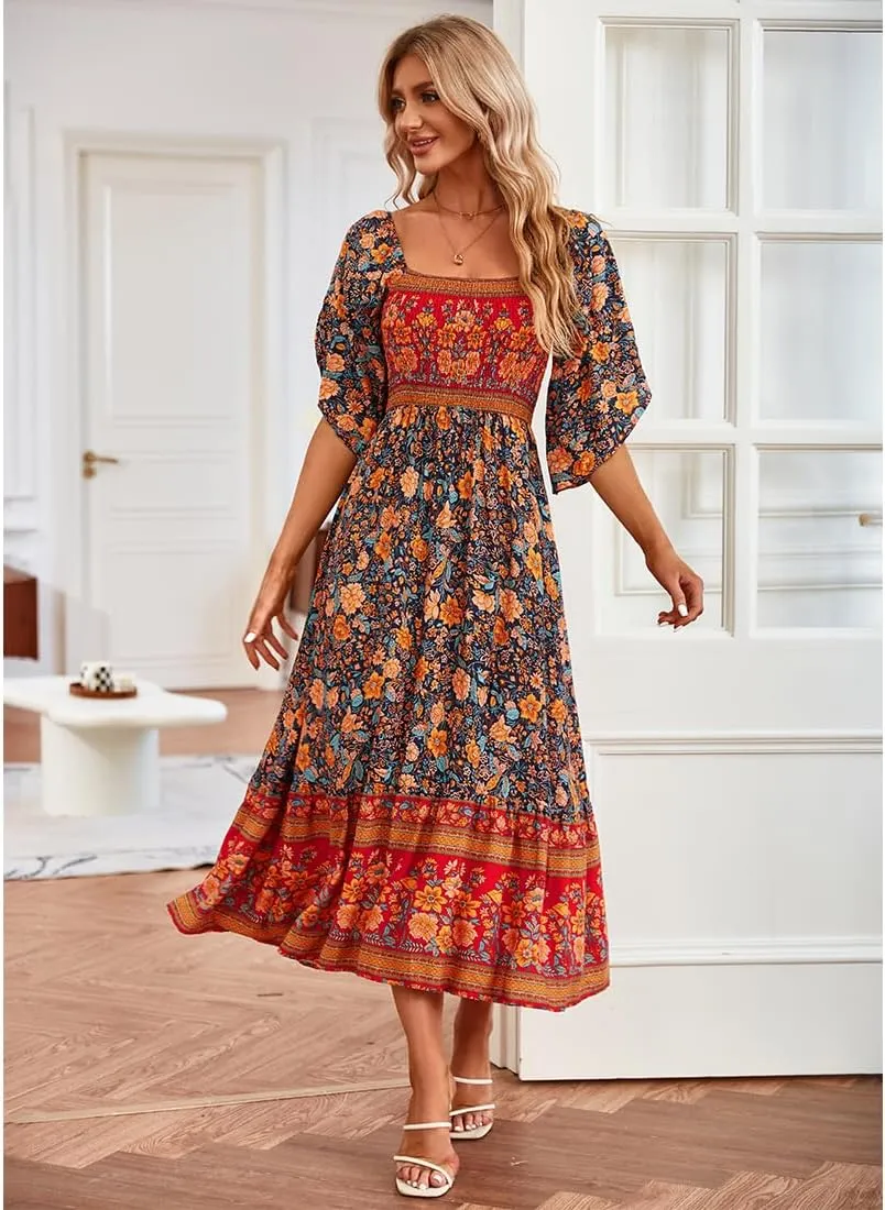 Women's Long Maxi Dress Sexy Off Shoulder Floral Dress Ruffle Short Sleeve Smocked Flowy A Line Boho Dress