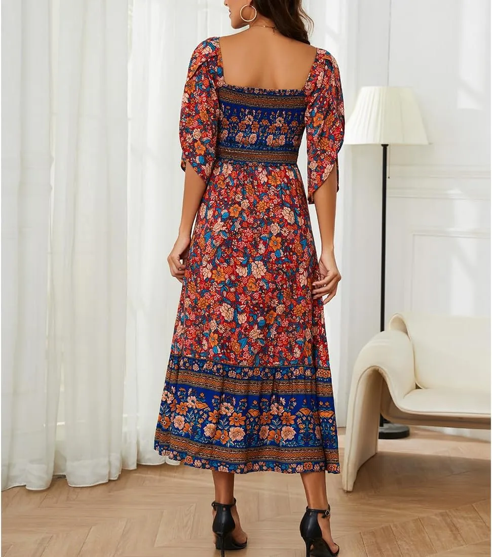 Women's Long Maxi Dress Sexy Off Shoulder Floral Dress Ruffle Short Sleeve Smocked Flowy A Line Boho Dress