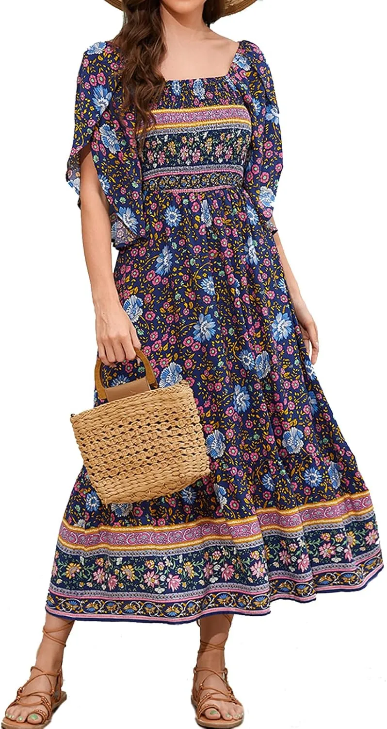 Women's Long Maxi Dress Sexy Off Shoulder Floral Dress Ruffle Short Sleeve Smocked Flowy A Line Boho Dress