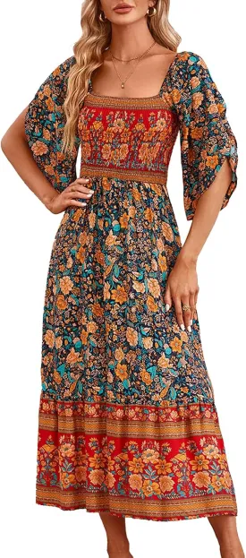 Women's Long Maxi Dress Sexy Off Shoulder Floral Dress Ruffle Short Sleeve Smocked Flowy A Line Boho Dress
