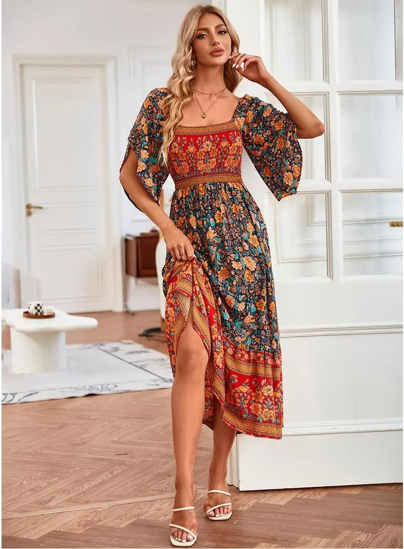 Women's Long Maxi Dress Sexy Off Shoulder Floral Dress Ruffle Short Sleeve Smocked Flowy A Line Boho Dress