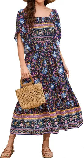 Women's Long Maxi Dress Sexy Off Shoulder Floral Dress Ruffle Short Sleeve Smocked Flowy A Line Boho Dress