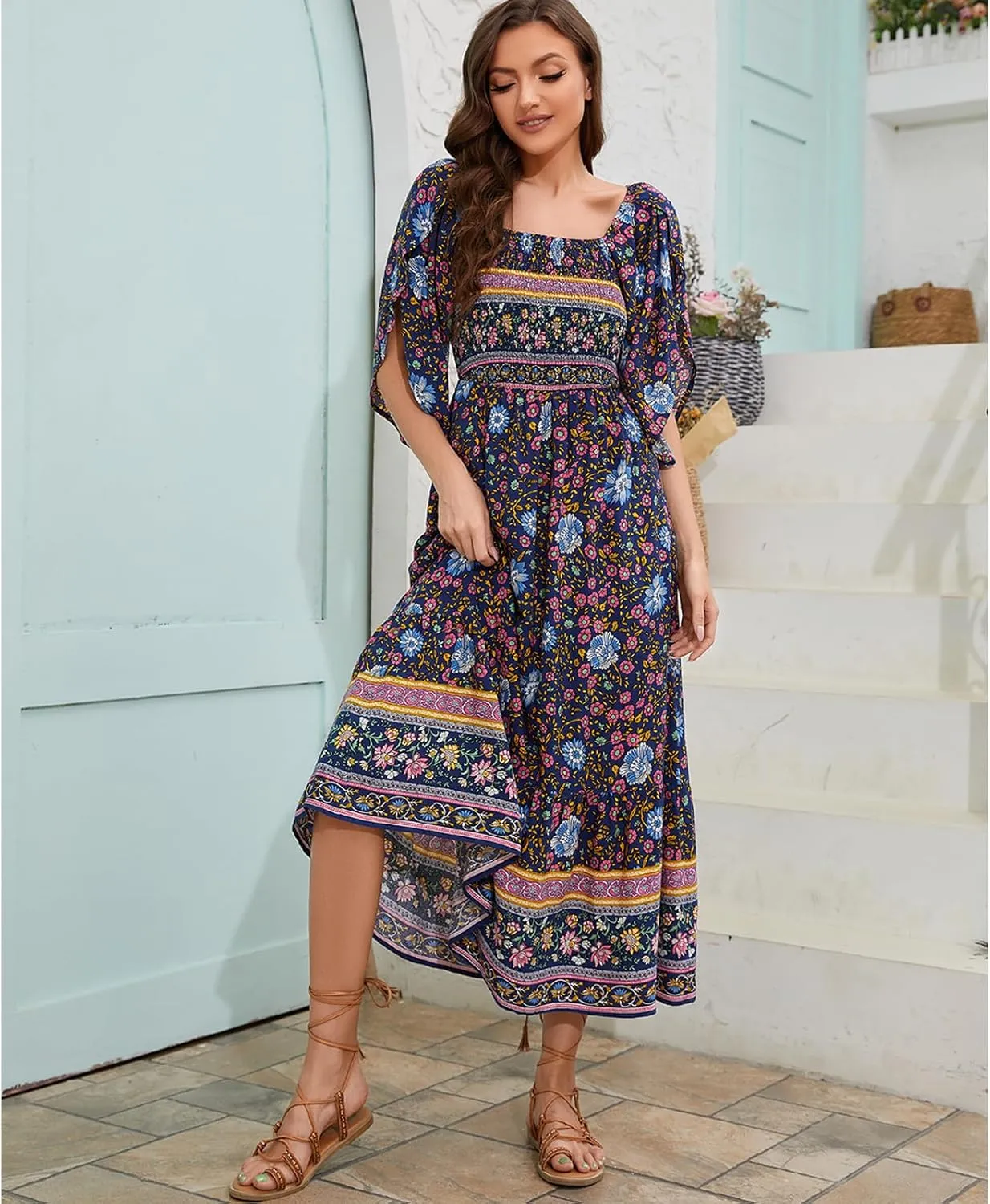 Women's Long Maxi Dress Sexy Off Shoulder Floral Dress Ruffle Short Sleeve Smocked Flowy A Line Boho Dress