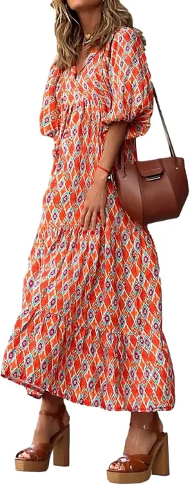 Women's Maxi Dress Boho Floral Puff Sleeve Tiered Sundress Casual Loose Fit Flares Bohemain Dresses