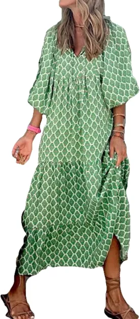 Women's Maxi Dress Boho Floral Puff Sleeve Tiered Sundress Casual Loose Fit Flares Bohemain Dresses