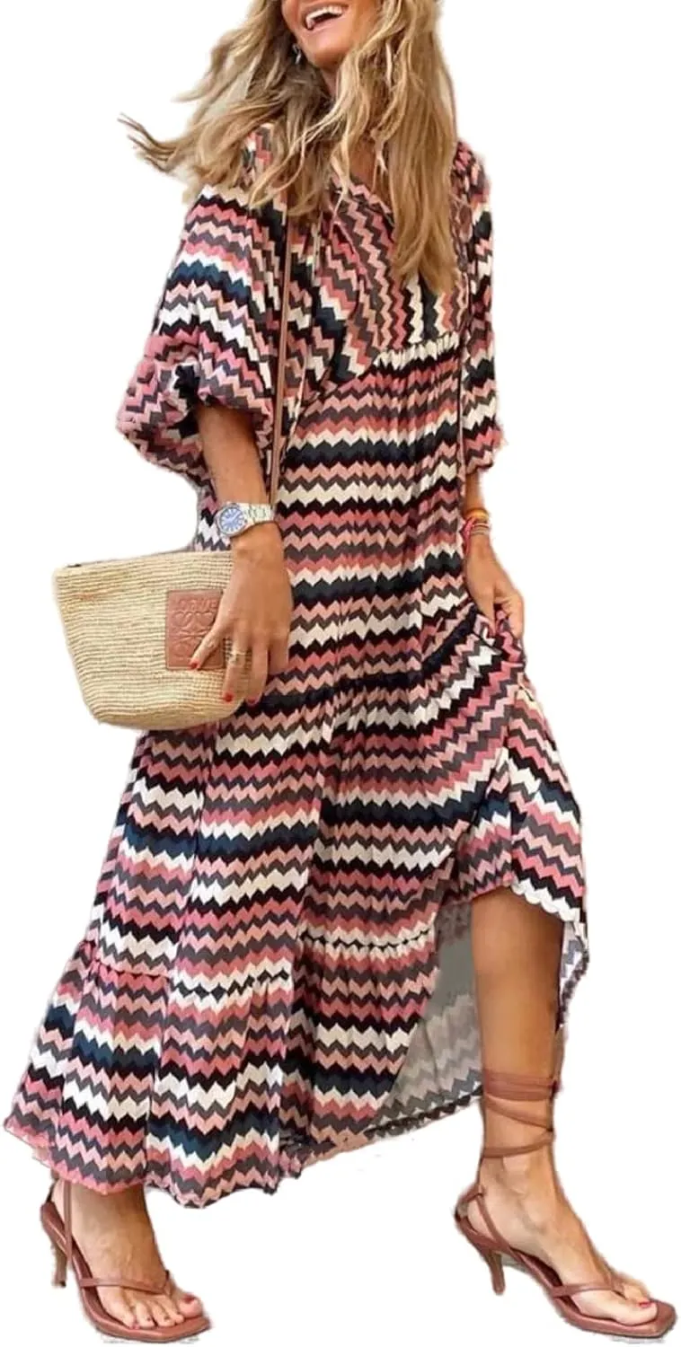 Women's Maxi Dress Boho Floral Puff Sleeve Tiered Sundress Casual Loose Fit Flares Bohemain Dresses