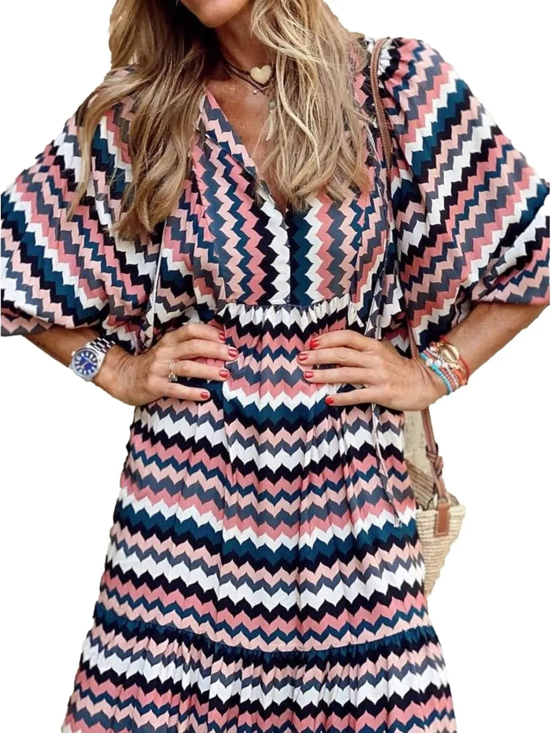 Women's Maxi Dress Boho Floral Puff Sleeve Tiered Sundress Casual Loose Fit Flares Bohemain Dresses