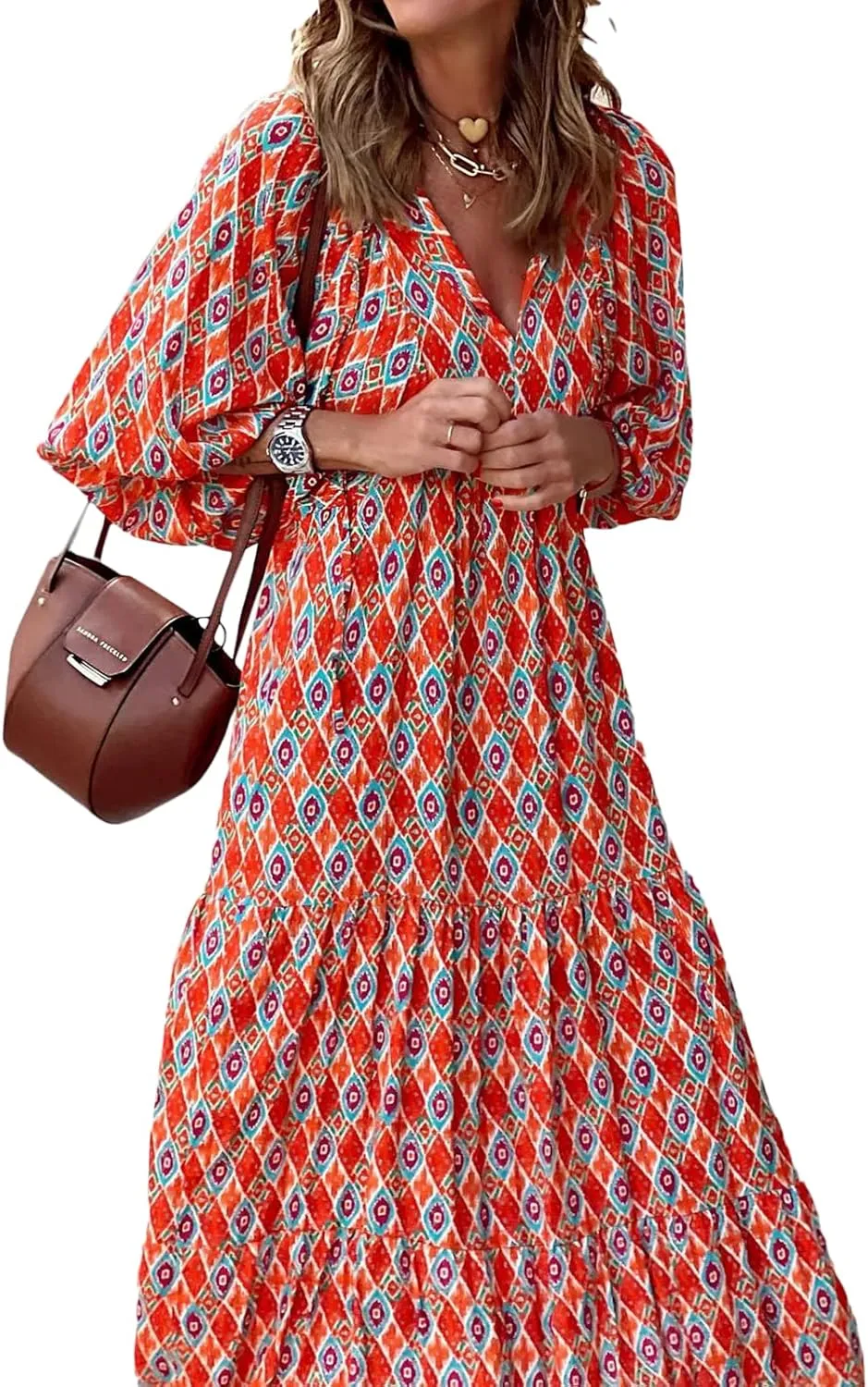 Women's Maxi Dress Boho Floral Puff Sleeve Tiered Sundress Casual Loose Fit Flares Bohemain Dresses