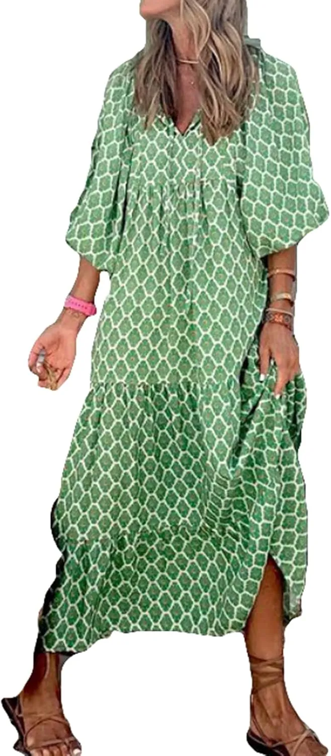 Women's Maxi Dress Boho Floral Puff Sleeve Tiered Sundress Casual Loose Fit Flares Bohemain Dresses