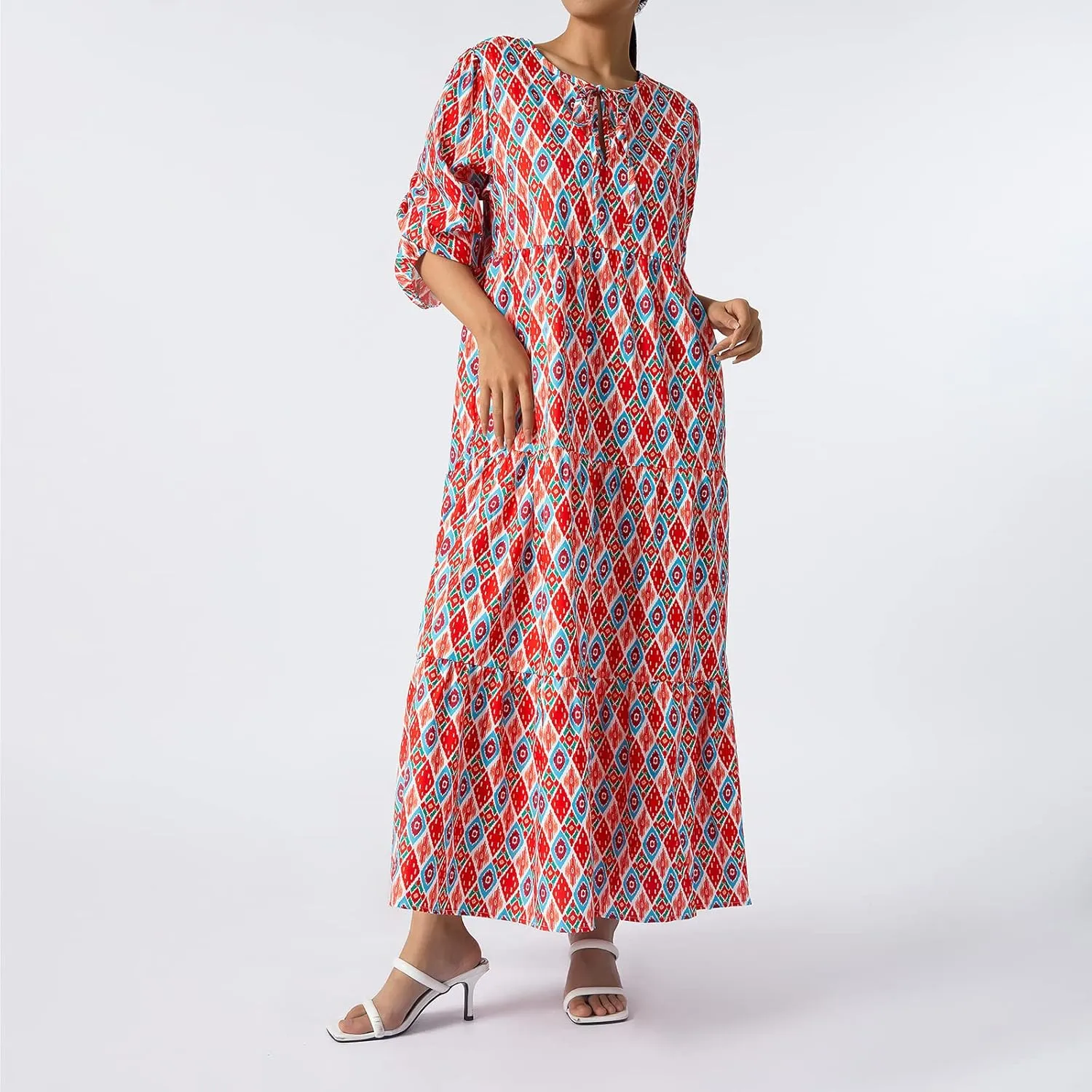 Women's Maxi Dress Boho Floral Puff Sleeve Tiered Sundress Casual Loose Fit Flares Bohemain Dresses