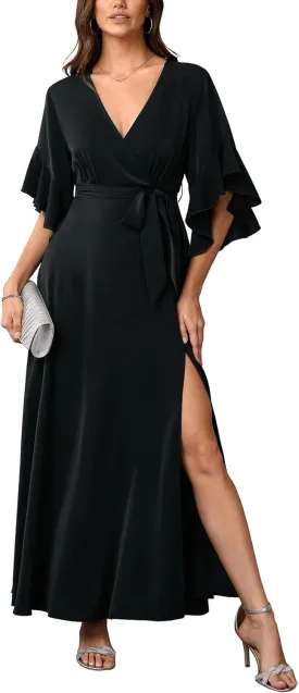 Womens Maxi Dress Formal Wedding Guest Ruffle Half Sleeve Wrap V Neck Slit Cocktail Party Dresses with Belt