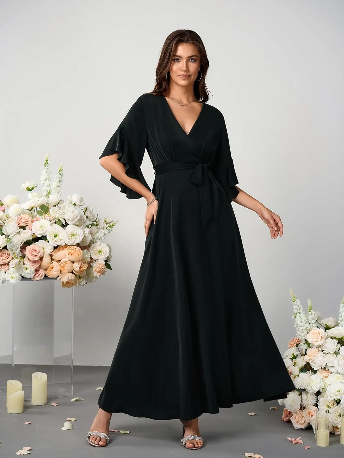 Womens Maxi Dress Formal Wedding Guest Ruffle Half Sleeve Wrap V Neck Slit Cocktail Party Dresses with Belt