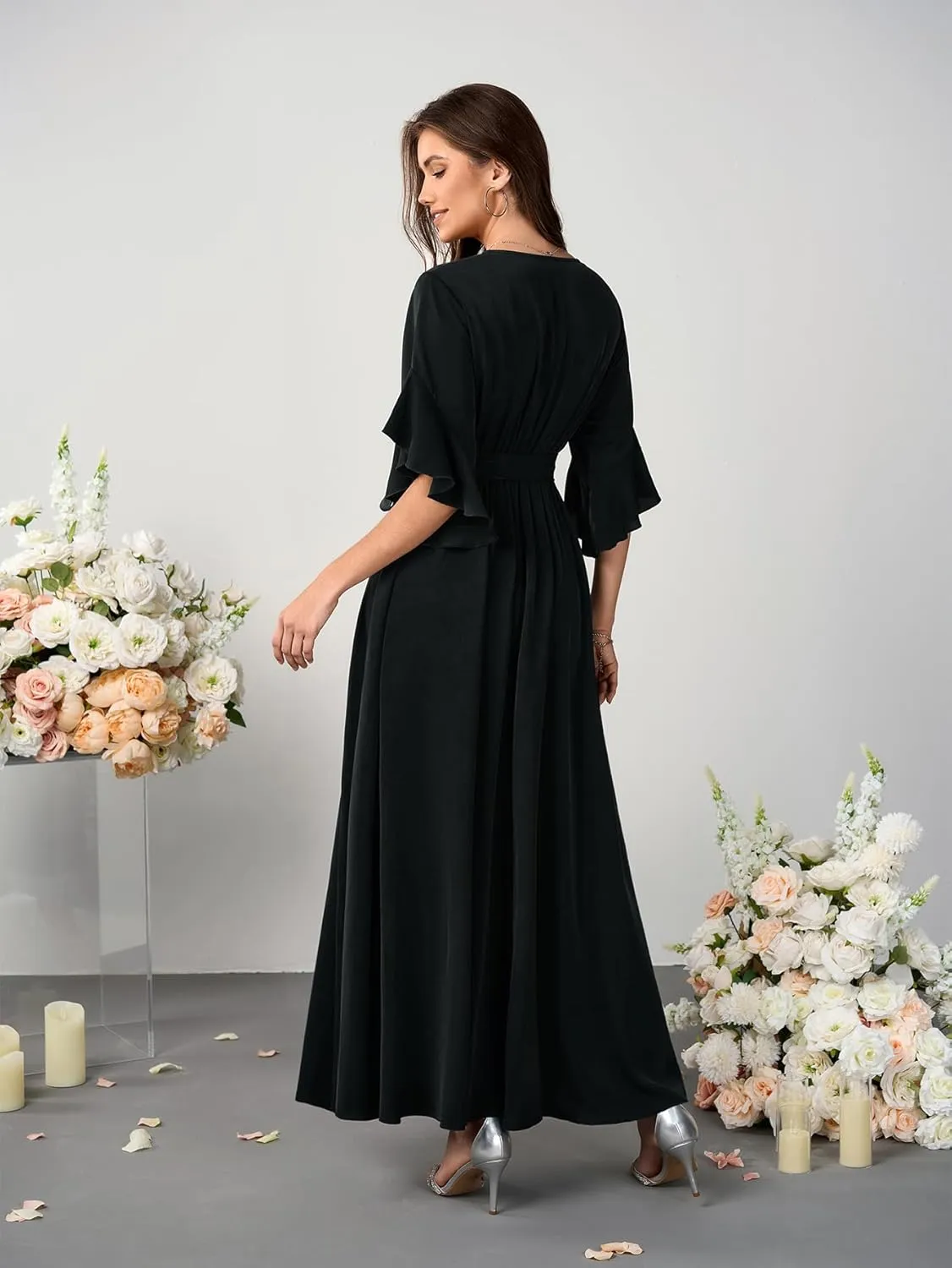 Womens Maxi Dress Formal Wedding Guest Ruffle Half Sleeve Wrap V Neck Slit Cocktail Party Dresses with Belt