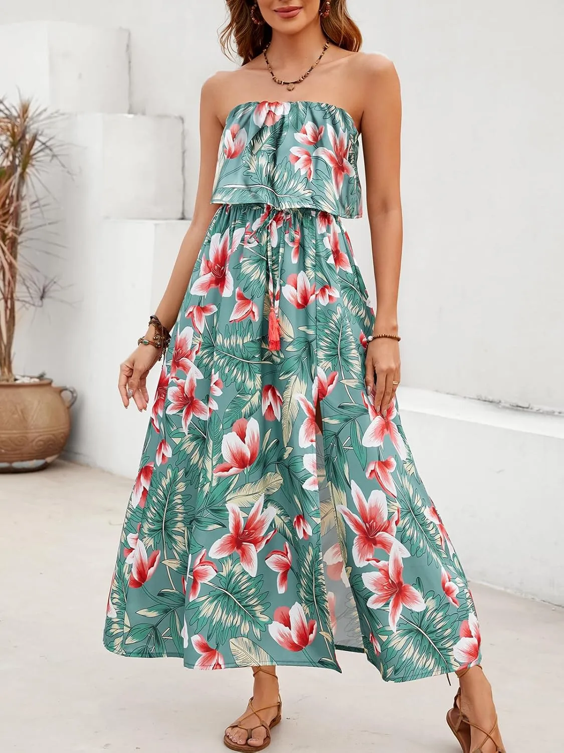 Women's Ruffle Floral Maxi Summer Casual Dress Off Shoulder Wedding Guest Slit Hem Beach Prom Dresses