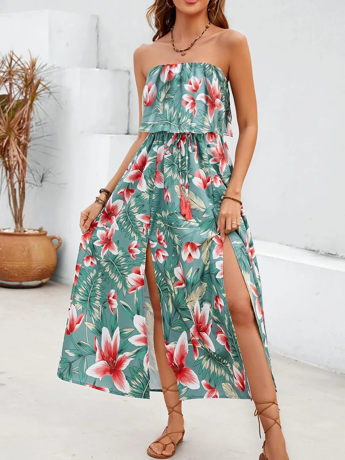 Women's Ruffle Floral Maxi Summer Casual Dress Off Shoulder Wedding Guest Slit Hem Beach Prom Dresses