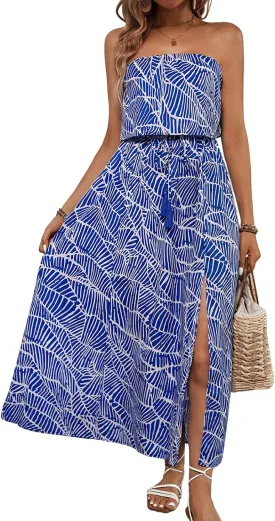 Women's Ruffle Floral Maxi Summer Casual Dress Off Shoulder Wedding Guest Slit Hem Beach Prom Dresses