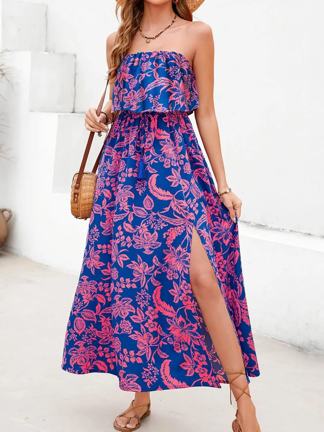 Women's Ruffle Floral Maxi Summer Casual Dress Off Shoulder Wedding Guest Slit Hem Beach Prom Dresses