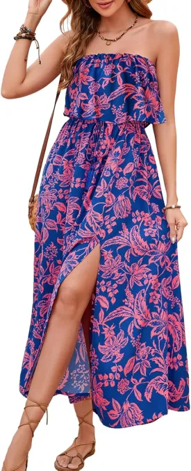 Women's Ruffle Floral Maxi Summer Casual Dress Off Shoulder Wedding Guest Slit Hem Beach Prom Dresses
