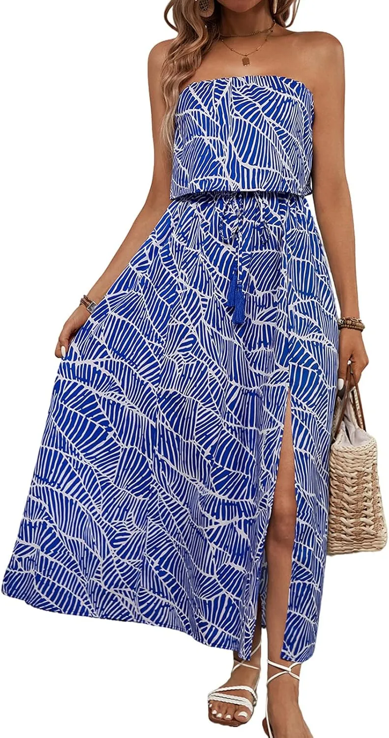 Women's Ruffle Floral Maxi Summer Casual Dress Off Shoulder Wedding Guest Slit Hem Beach Prom Dresses
