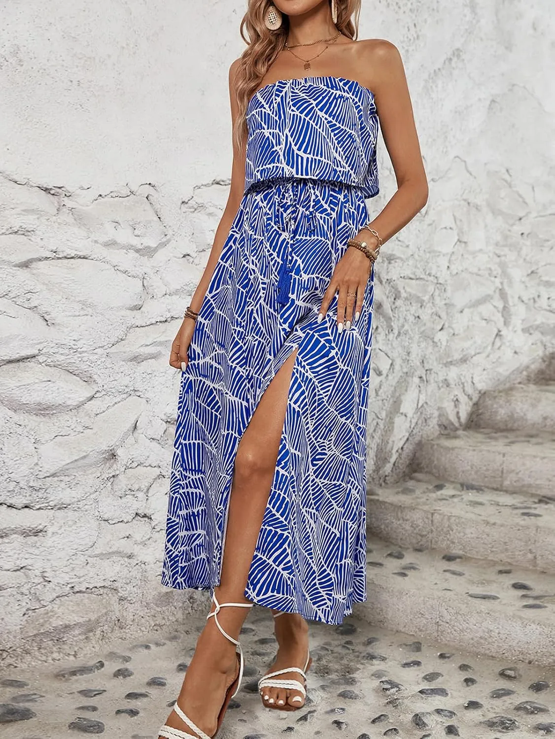 Women's Ruffle Floral Maxi Summer Casual Dress Off Shoulder Wedding Guest Slit Hem Beach Prom Dresses