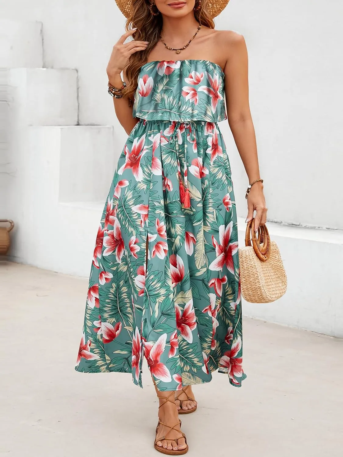 Women's Ruffle Floral Maxi Summer Casual Dress Off Shoulder Wedding Guest Slit Hem Beach Prom Dresses