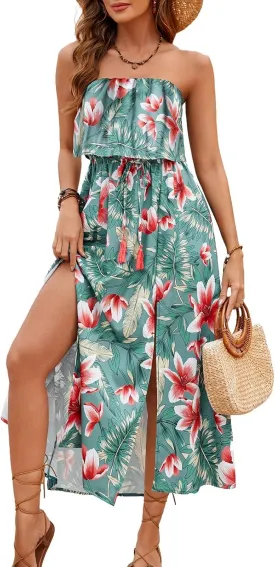 Women's Ruffle Floral Maxi Summer Casual Dress Off Shoulder Wedding Guest Slit Hem Beach Prom Dresses
