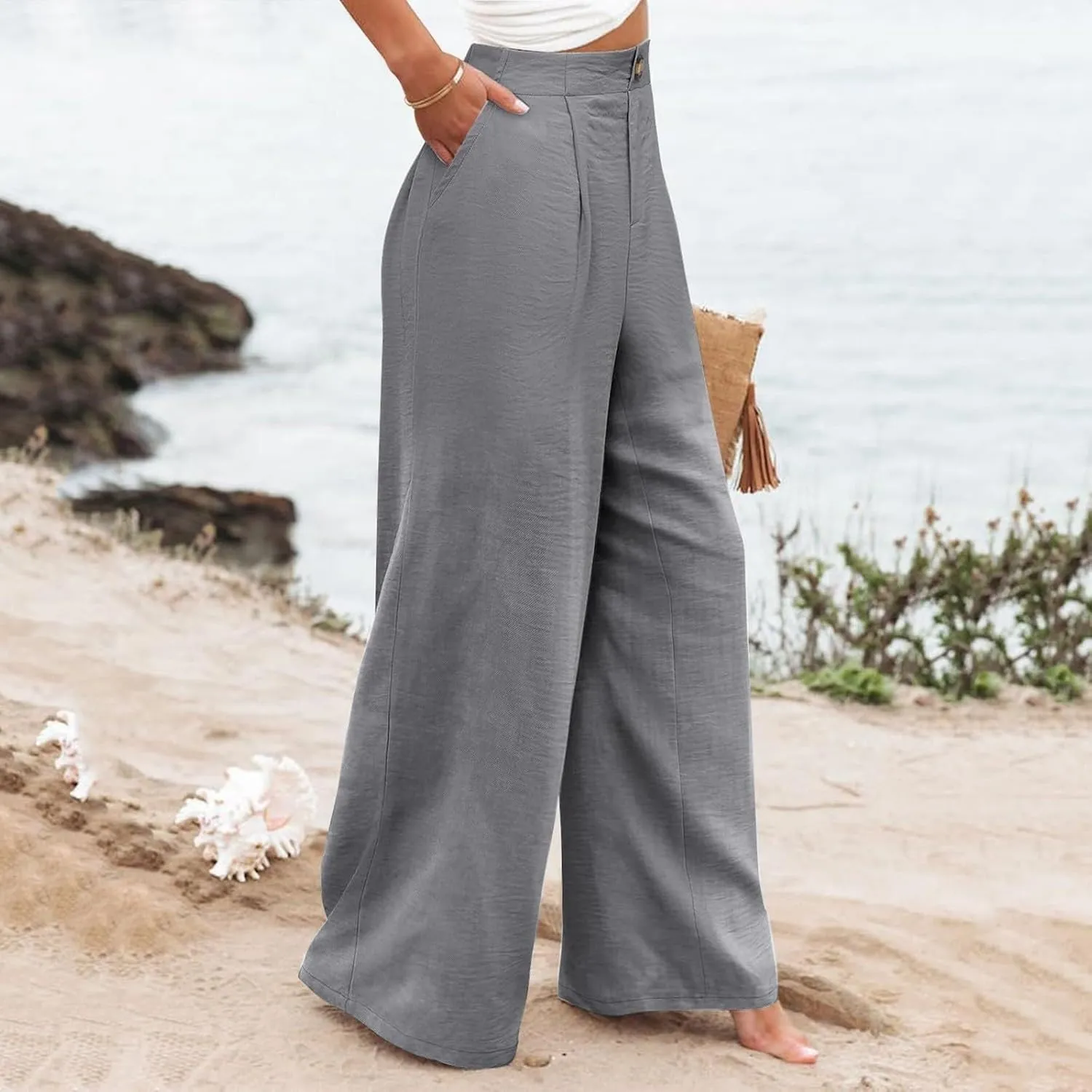 Women's Solid Color Casual High Waisted Buttoned Elastic Pocket Wide Leg Straight Dressy Loose Fit Pants