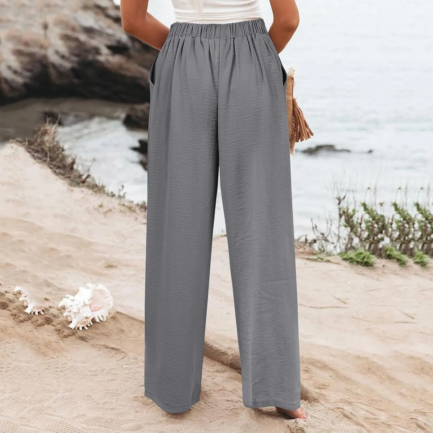 Women's Solid Color Casual High Waisted Buttoned Elastic Pocket Wide Leg Straight Dressy Loose Fit Pants