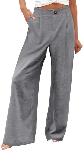 Women's Solid Color Casual High Waisted Buttoned Elastic Pocket Wide Leg Straight Dressy Loose Fit Pants