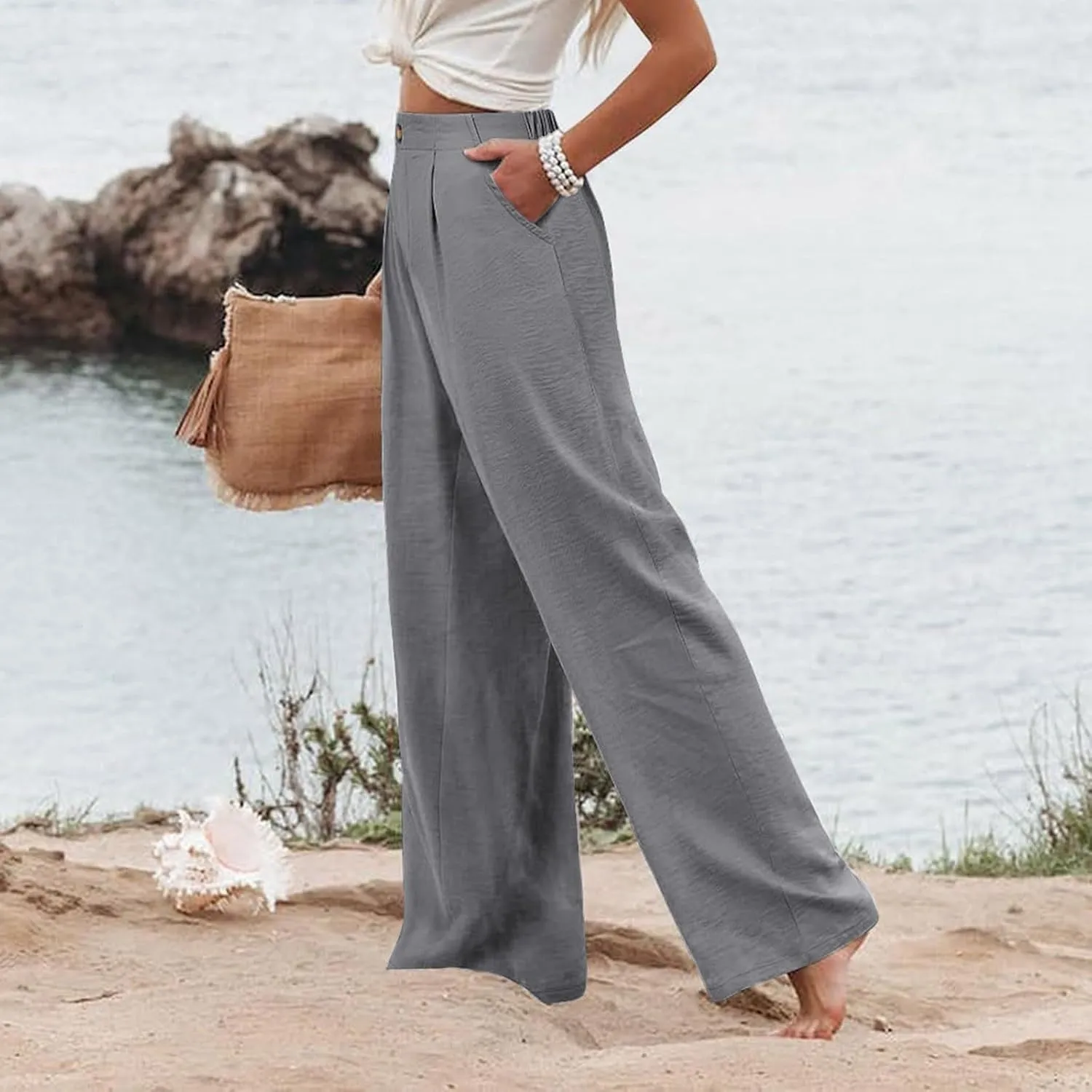 Women's Solid Color Casual High Waisted Buttoned Elastic Pocket Wide Leg Straight Dressy Loose Fit Pants