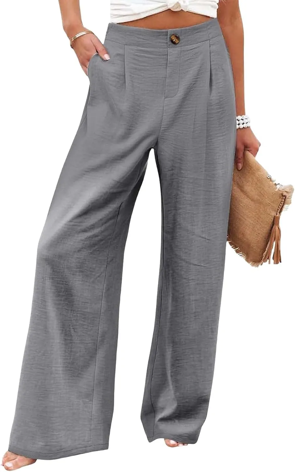 Women's Solid Color Casual High Waisted Buttoned Elastic Pocket Wide Leg Straight Dressy Loose Fit Pants